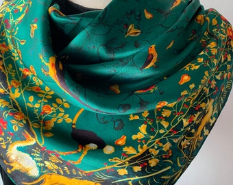 100% Natural Mulberry Silk 35&quot; x 35&quot; Scarf Green Forest Festival Silk Neck Scarf Head Wrap Silk Hair Scarf Silk Shawl Christmas Scarf Gift