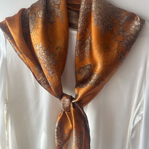 100% Natural Mulberry Silk 35&quot; x 35&quot; Large Square Scarf Antique Art Orange Floral Fall Silk Neck Scarf Hair Wrap Head Wrap Silk Scarf Gift