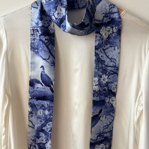 Custom Made Silk Skinny Narrow Scarf Hair Pony Scarf Neck Scarf Bag Scarf Accent Scarf Porcelain Blue Birds Print Silk Scarf Gift