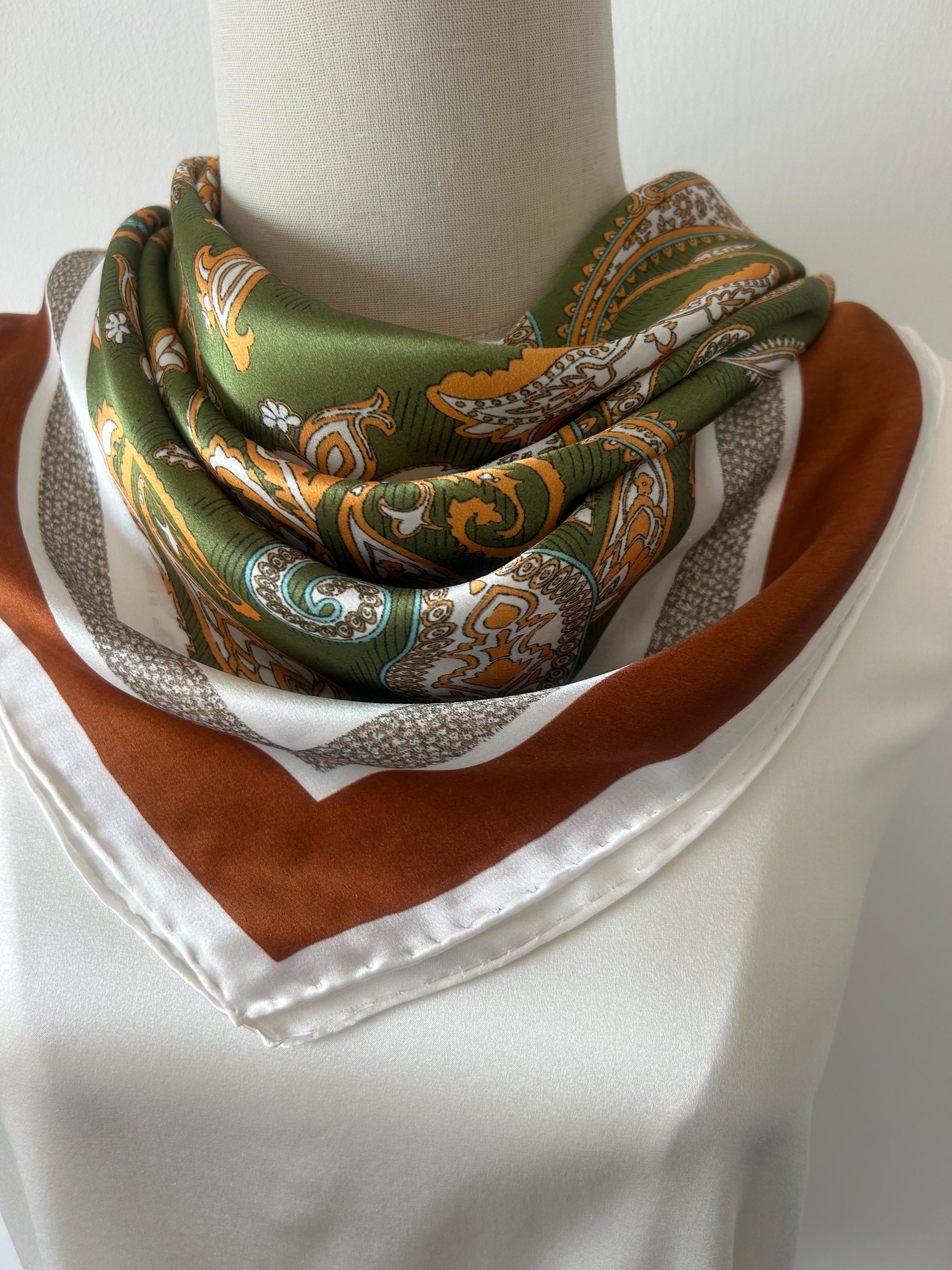 Mulberry Silk Scarf: Green Paisley Print Neck Scarf, 35