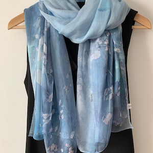 100% Natural Mulberry Silk Chiffon Scarf 71&quot; x 43&quot; Large Scarf Shawl Light Sheer Grayish Blue Roses Silk Neck Scarf Silk Shawl Gift