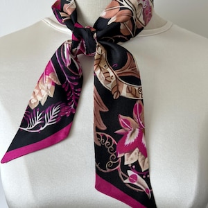 Floral Silk Scarf: Skinny Twill Neck Bow, Purse Accessory