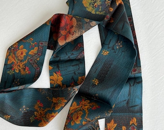 Handmade Gambiered Canton Silk Scarf: Deep Blue Orange Floral Art Hair Bow Necktie