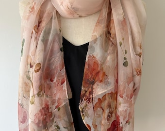 Floral Silk Chiffon Scarf: Pink Summer Garden Shawl 69" x 43" Light Weight