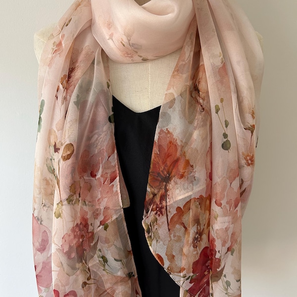 Floral Silk Chiffon Scarf: Pink Summer Garden Shawl 69" x 43"