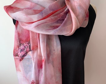 100% Natural Mulberry Silk Chiffon Scarf 71" x 43" Long Silk Shawl Soft Light Sheer Red Purple Floral Silk Neck Scarf Silk Chiffon Shawl