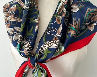 Mulberry Silk Scarf 35" - Navy, Red Floral Print Vintage Style