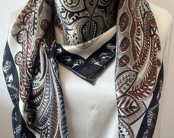 Large Mulberry Silk Scarf: Art Symbols Print, Brown Beige Black