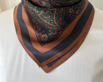 Mulberry Silk Scarf: Paisley Green Copper Neck Scarf (26" Square)