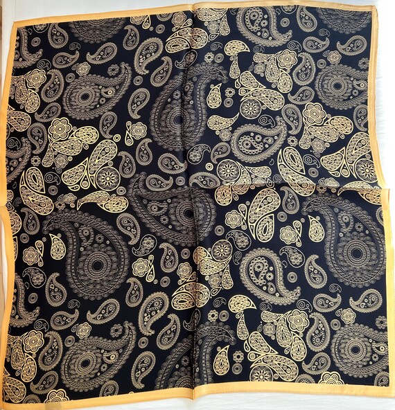 Mulberry Silk Scarf: Gold Paisley Gray Black Neckerchief (26