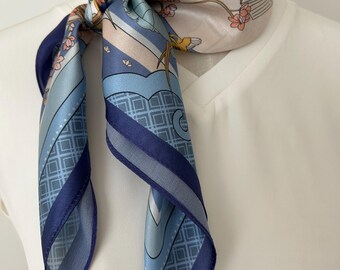 Mulberry Silk Square Scarf: West Lake Scenery, Blue & Pink (26" x 26")