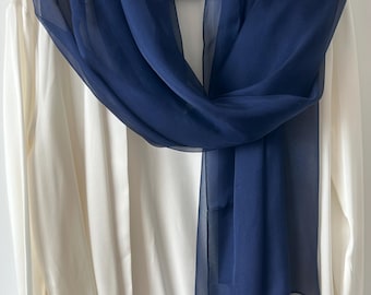 100% Natural Mulberry Silk Chiffon Large Scarf 71&quot;x43&quot; Light Weight Sheer Scarf Shawl Navy Dark Blue Large Silk Scarf Gift