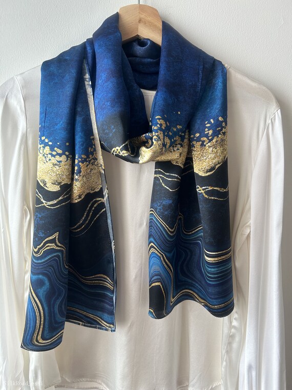 Mulberry Silk Scarf: Blue Gold Abstract Print, Long Neck  display picture 1