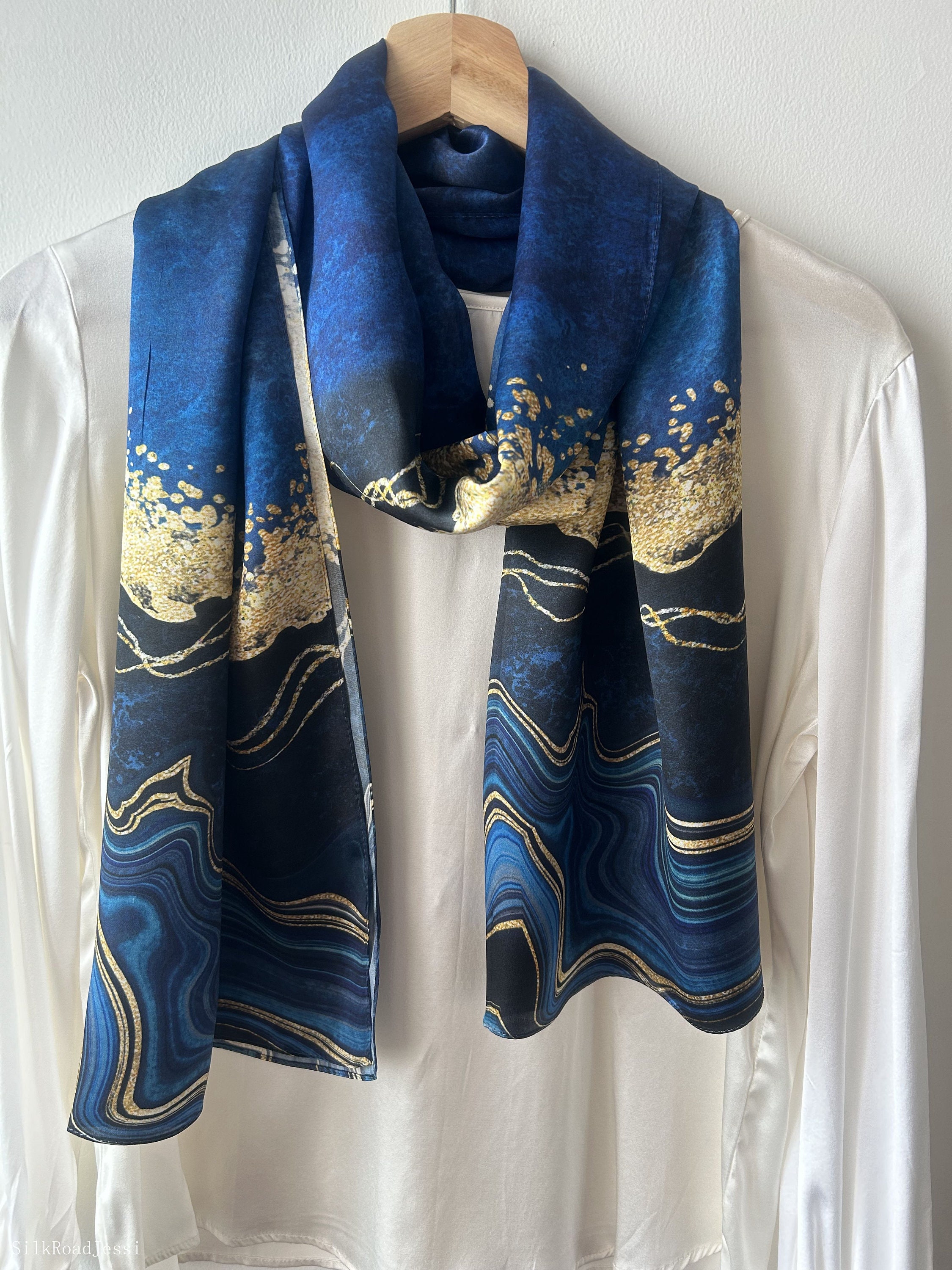 Mulberry Silk Scarf: Blue Gold Abstract Print, Long Neck  display picture 1