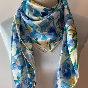 100% Natural Mulberry Silk 35" x 35" Scarf Colorful Light Blue Yellow Floral Neck Scarf Head Scarf Hair Scarf Dress Shawl Gift