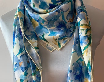 100% Natural Mulberry Silk 35" x 35" Scarf Colorful Light Blue Yellow Floral Neck Scarf Head Scarf Hair Scarf Dress Shawl Gift