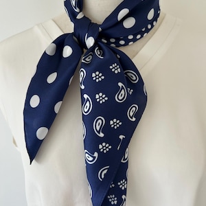 Mulberry Silk Scarf: Navy Blue Pattern Polka Dot Paisley Bandana (26"x26")