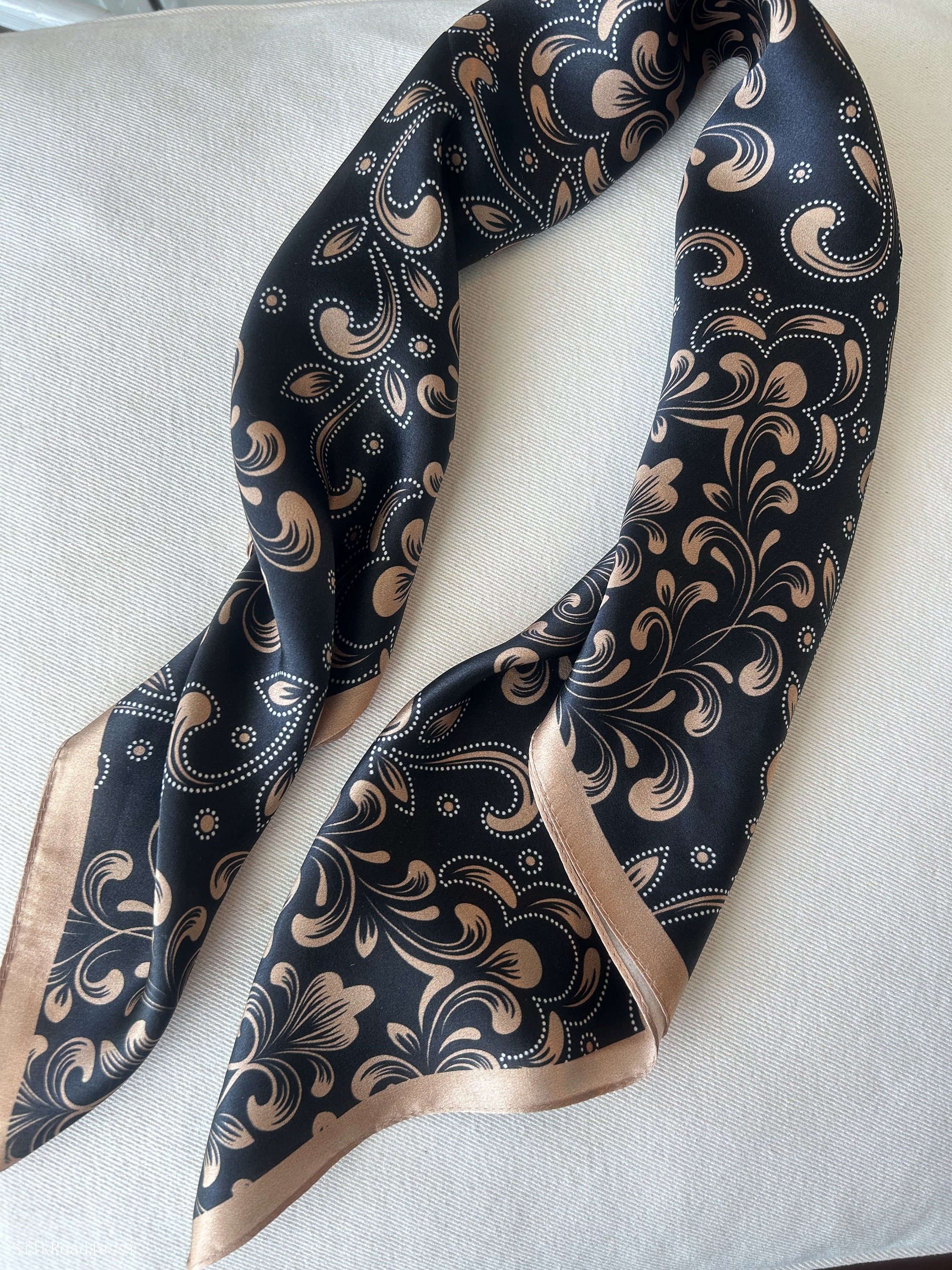 Mulberry Silk Scarf: Paisley Gold Black Neckerchief (26