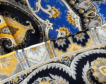Mulberry Silk Scarf: Blue & Gold Floral Print, Hand-rolled Edges