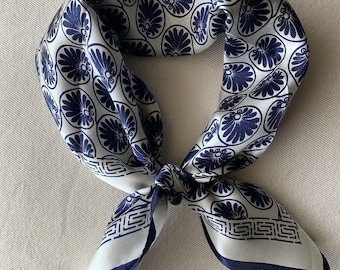Pure Natural Mulberry Silk Small Scarf 21" x 21" Porcelain Blue Design Silk Neckerchief Headband Silk Hair Scarf Silk Bag Scarf Gift