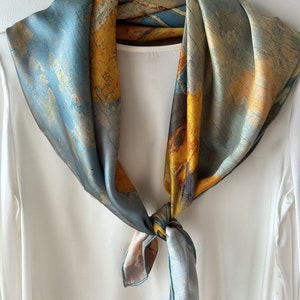 100% Natural Mulberry Silk 35&quot; x 35&quot; Square Silk Scarf Vibrant Colorful Fall Scenery Silk Neck Scarf Silk Head Wrap Hair Cover Golden Scarf