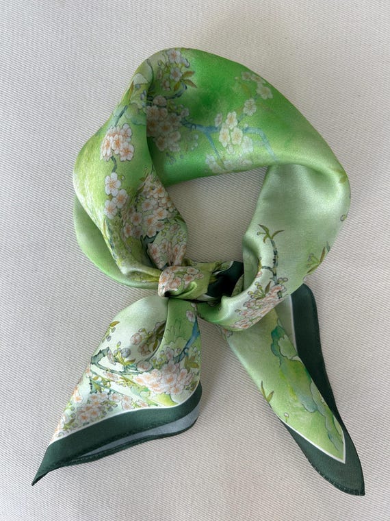 Mulberry Silk Scarf: Green Floral Garden Print, 21” Square  display picture 2