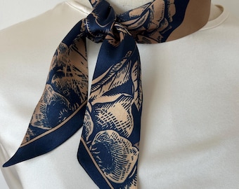 Mulberry Short Silk Skinny Scarf: Blue Butterfly Beige Gold Neck Bow 33”x2”