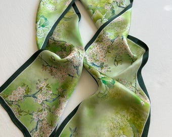 Mulberry Silk Narrow Scarf: Floral Spring Garden Art, Green Neck Scarf (59" x 6.6")