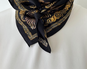 Mulberry Silk Scarf: Golden Palace Print, Black & Gold Neckerchief (26”x26”)