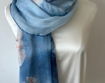 Mulberry Silk Chiffon Scarf: Peony Floral Print Shawl 71" x 43"