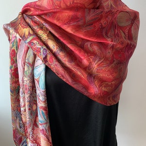 100% Natural Mulberry Silk 68" x 22" Large Long Shawl Art Red Vibrant Phoenix Silk Neck Scarf Head Scarf Hair Scarf Red Silk Shawl Gift