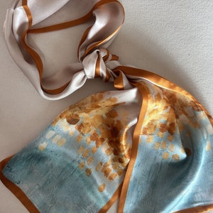 100% Natural Mulberry Silk Narrow Scarf 59" x 6.6" Double Sided Silk Scarf Gold Blue Silk Neck Scarf Headband Hair Scarf Silk Scarf Gift