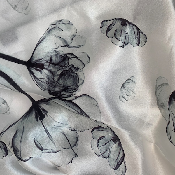 100% Natural Mulberry Silk 68" x 22" Scarf Shawl Silk Neck Scarf Head Scarf Hair Scarf Floral Oriental Art Black and White Silk Shawl Gift