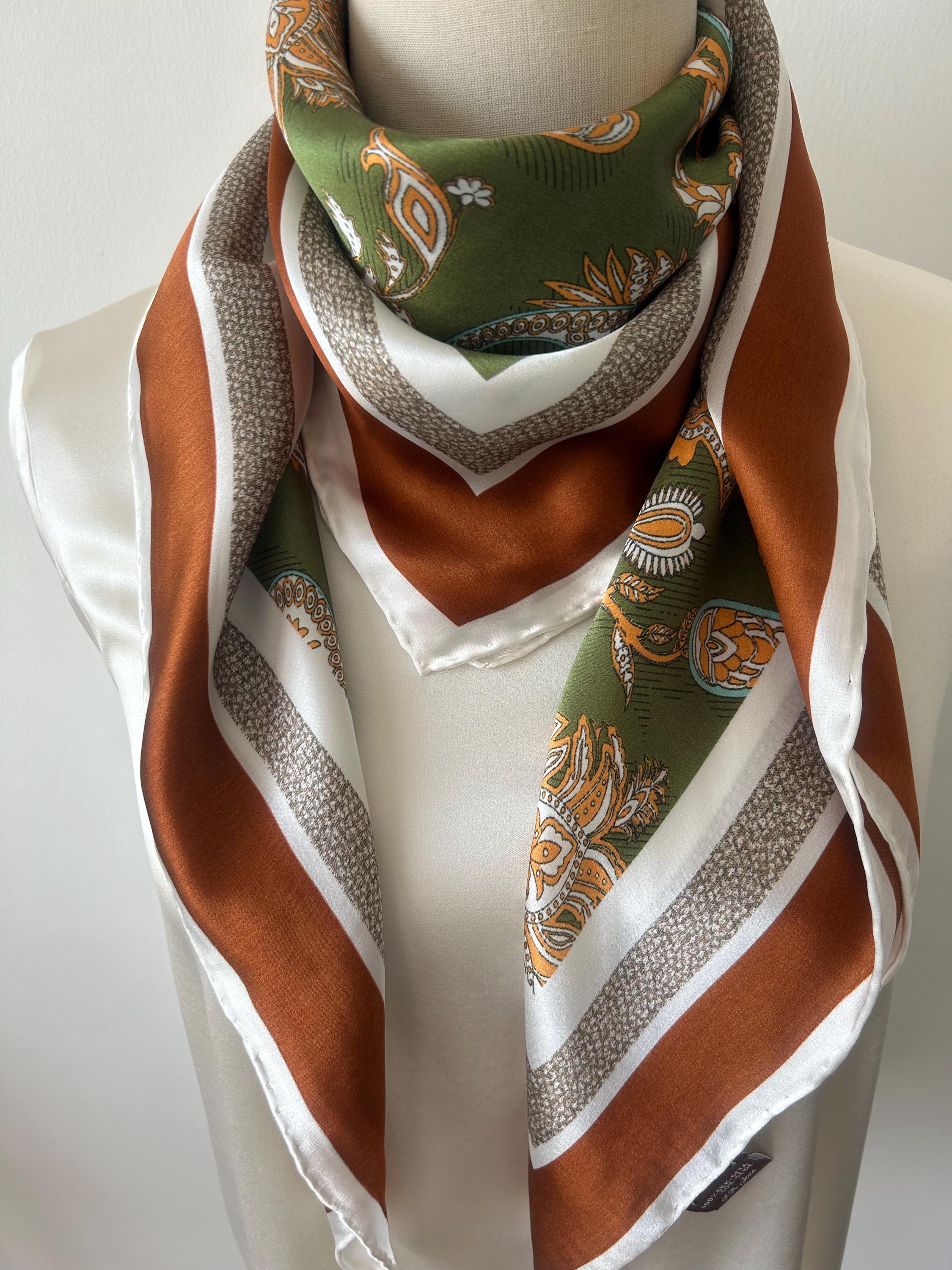Mulberry Silk Scarf: Green Paisley Print Neck Scarf, 35