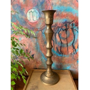 Vintage Ornate Chased Brass Church Altar Candlestick Holder, Made in India