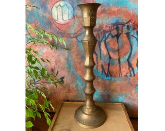 Vintage Ornate Chased Brass Church Altar Candlestick Holder, Made in India