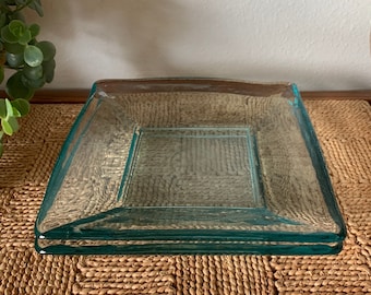 Heavy Blue Clear Glass Square Plates Set of 2, Decorative High-Quality Dinnerware