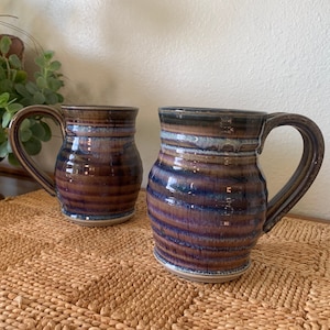 Signed Large Studio Pottery Coffee Mugs Set of 2, Blue and Purple Glazed, Handmade Ceramics