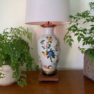 Antique Cloisonne Enamel & Brass Vase Table Lamp with Wood Base, Hand-Painted Floral Cherry Blossom, Birds Design