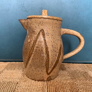 Vintage Signed Stoneware Pottery Pitcher or Tea Pot with Lid, Speckled Glaze Earthenware Yellow Brown Tan