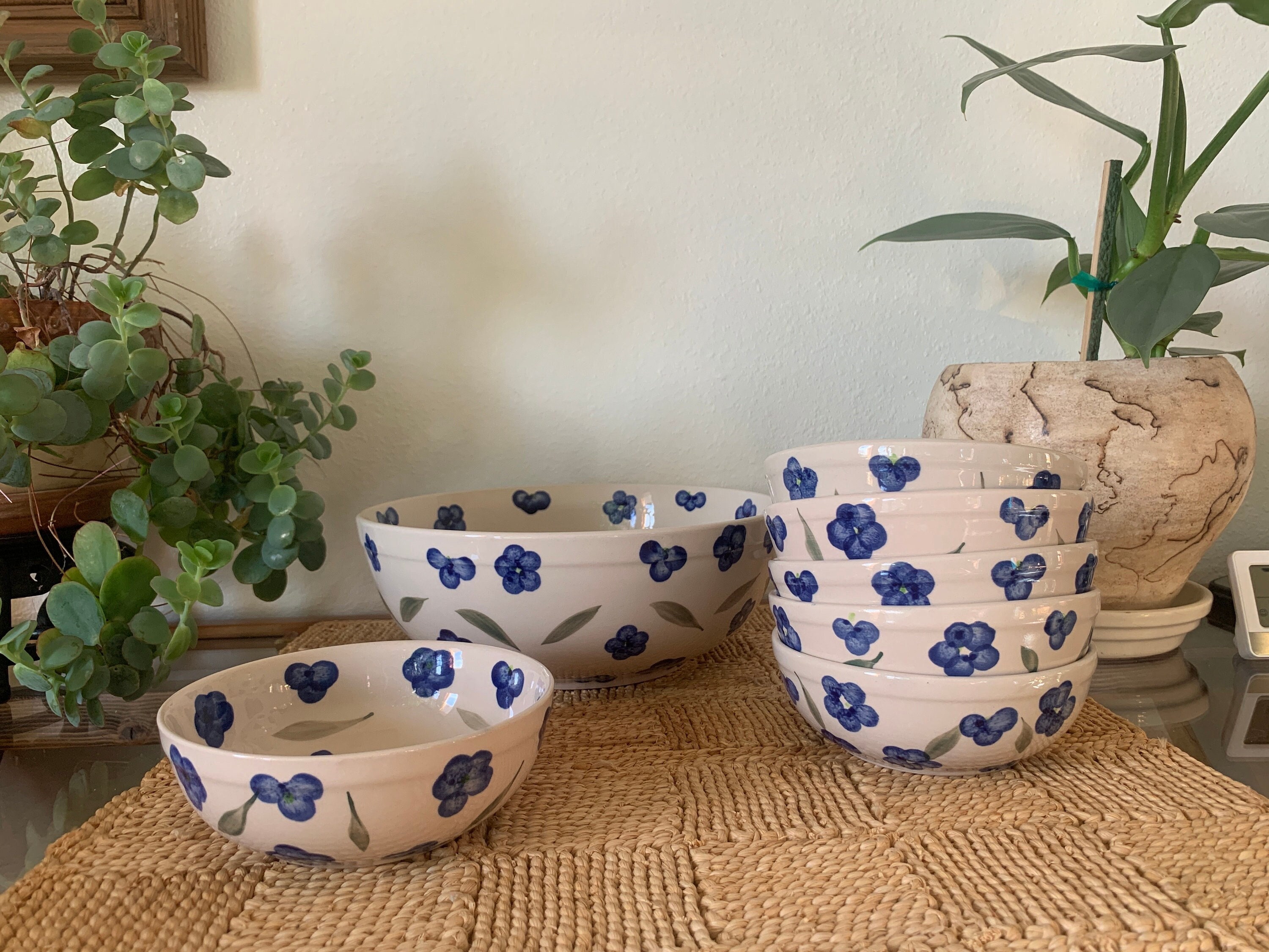Vintage Gibson Blue Daisy Flower Stoneware Set of 7, Large Serving