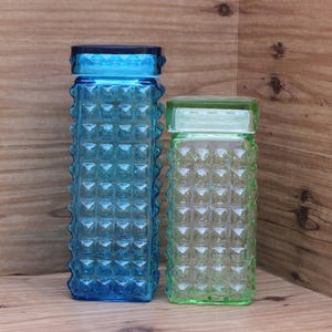 Hobnail Apothecary Jars Set Blue Green Glass Cannisters with Lids, Collectible, Tall