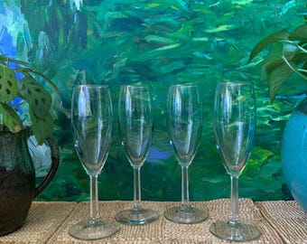 Vintage Hand-blown Clear Glass Champagne Flutes, Set of 4