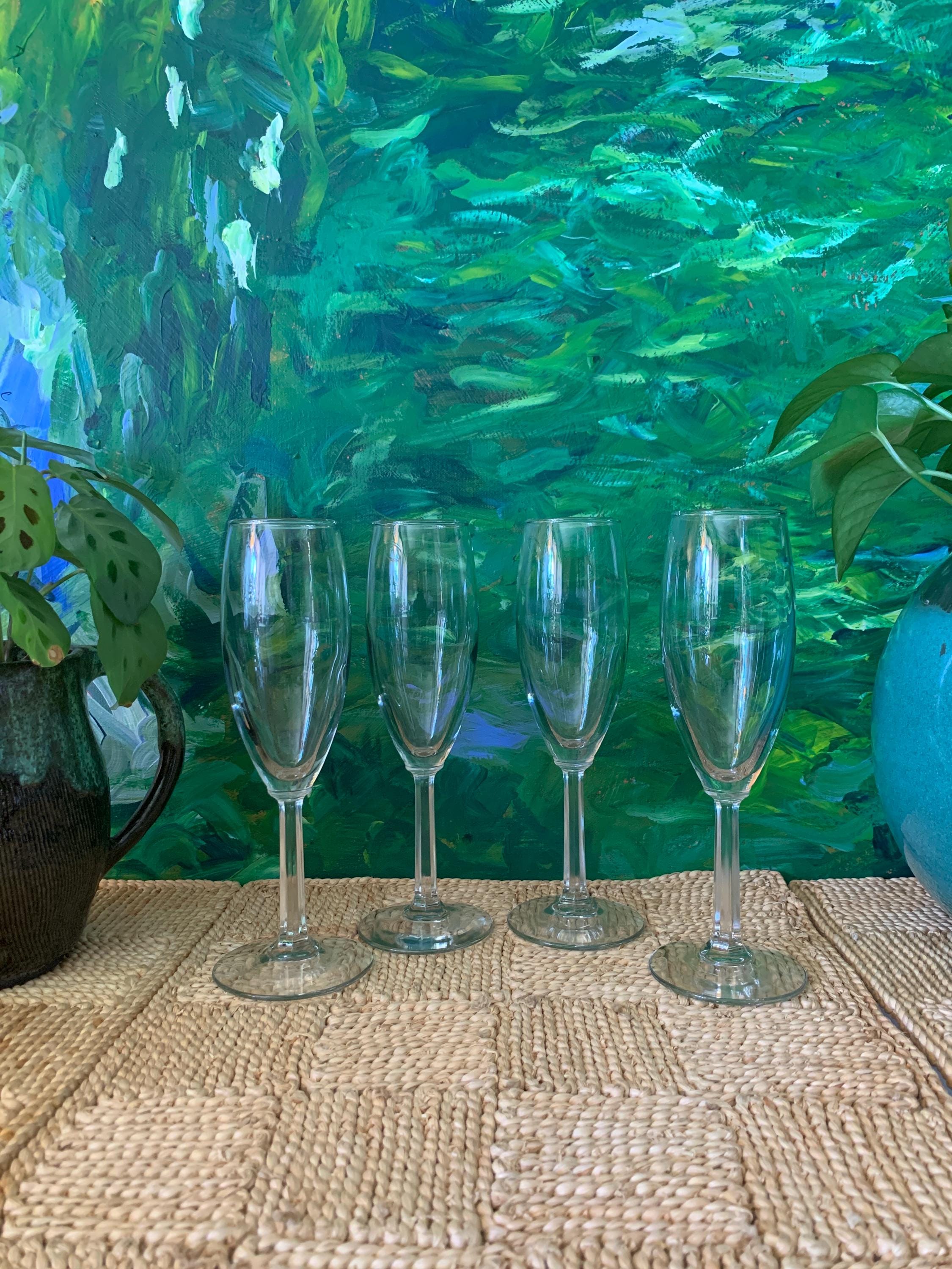 Vintage Hand-blown Clear Glass Champagne Flutes, Set of 4