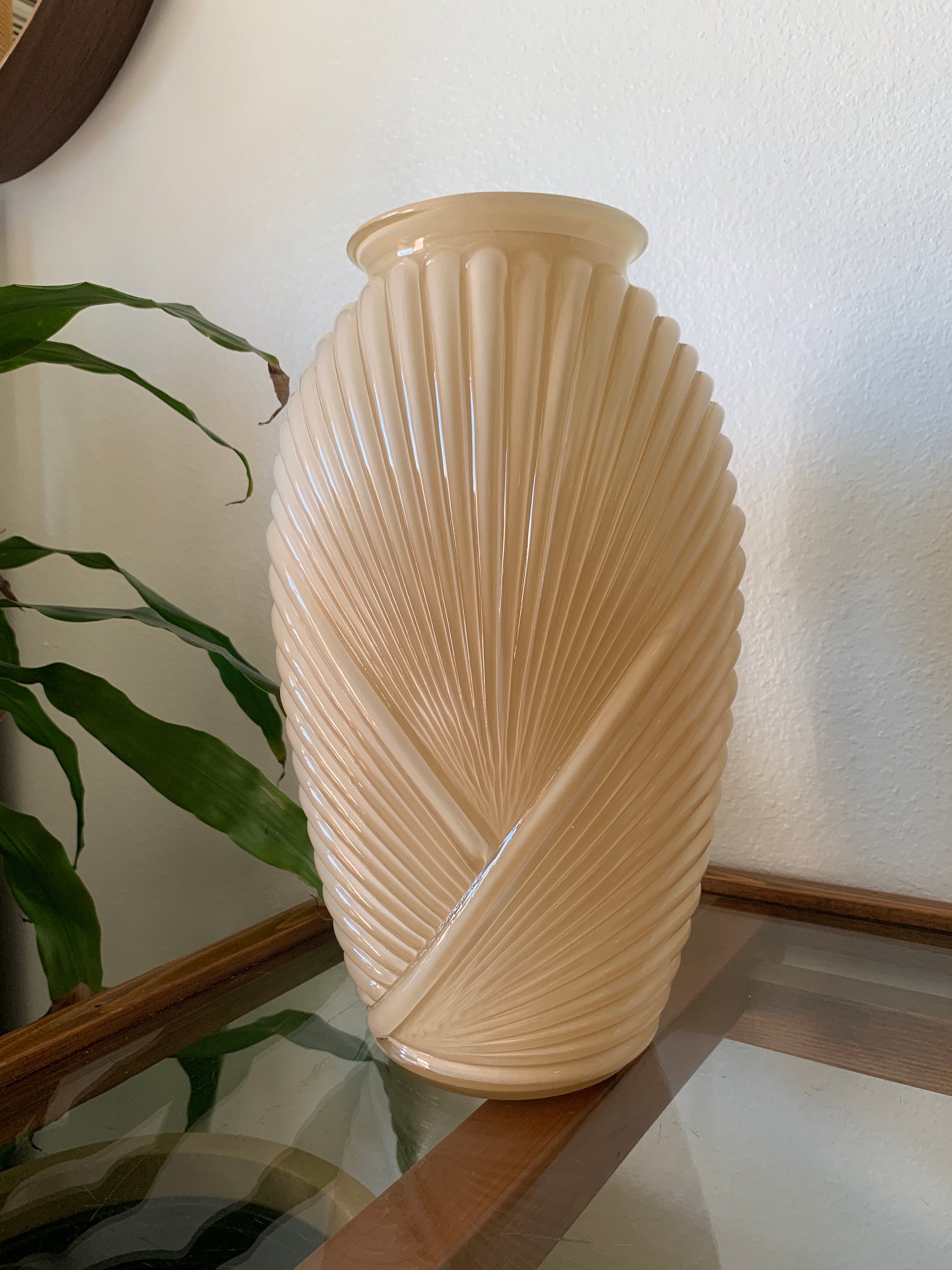 1980s Art Deco Vase, Hollywood Regency Beige Glass, Glossy