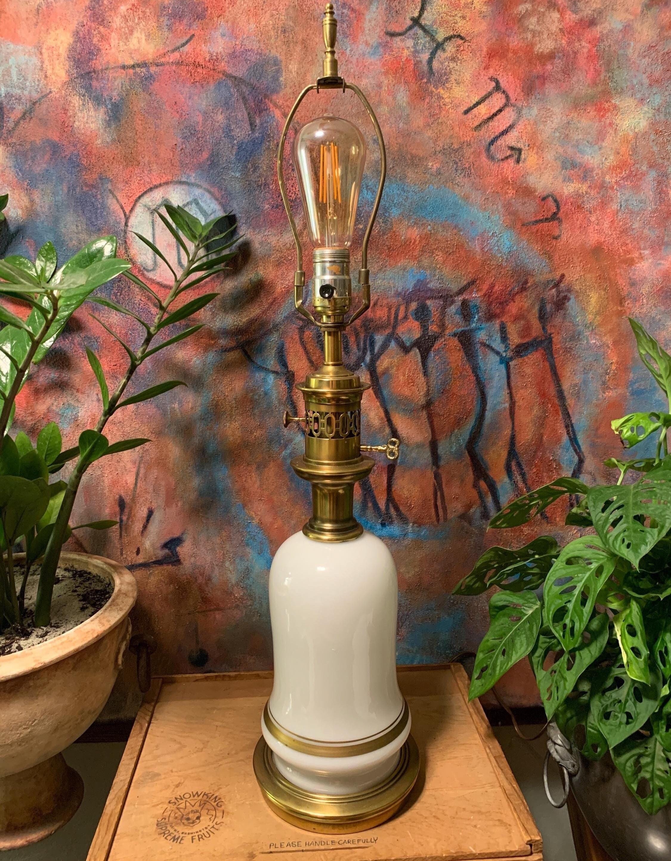 Vintage White Opaline Glass & Brass Table Lamp Base | Paul Hanson