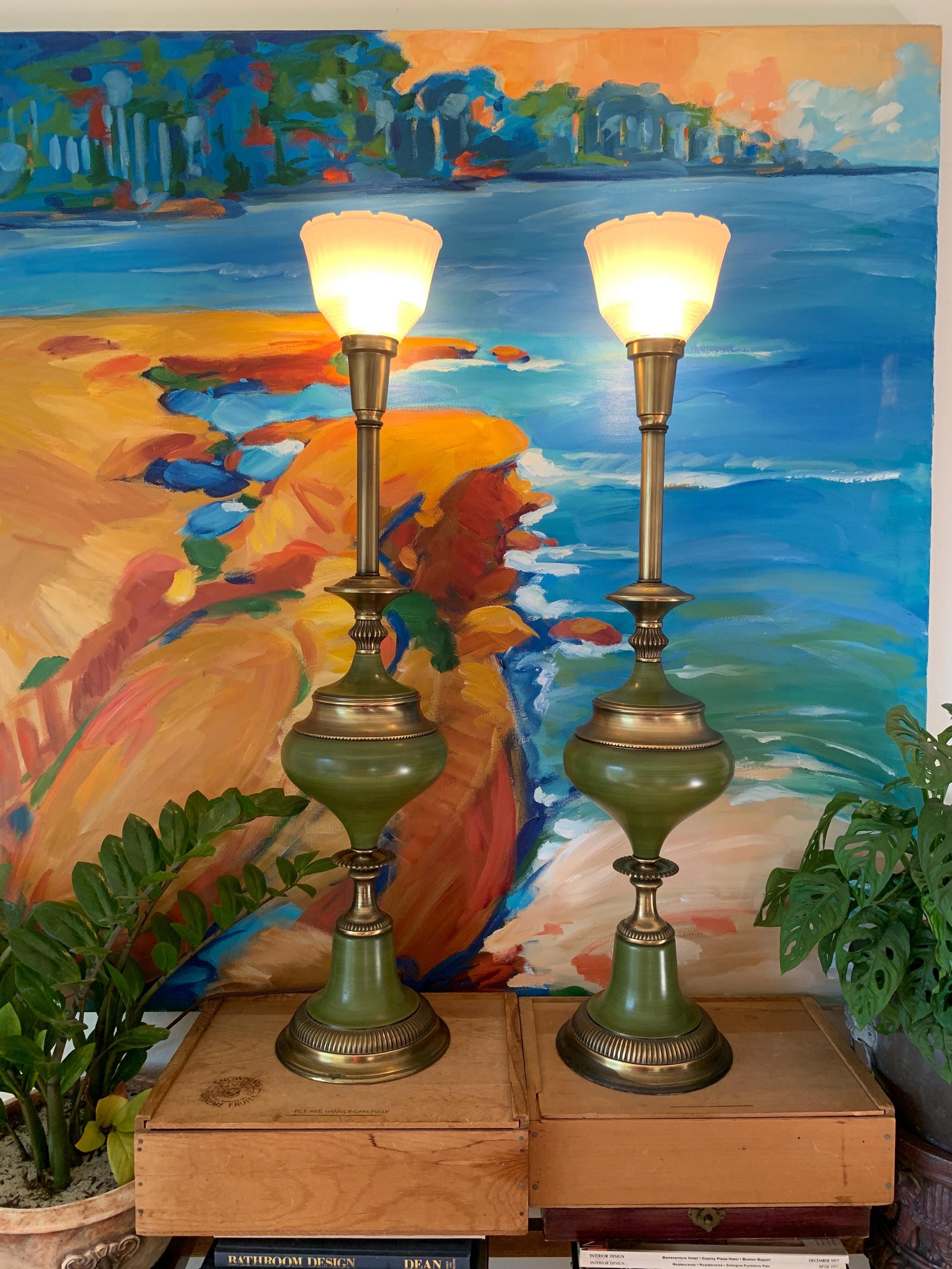 ヴィンテージ照明　50-60’s Rembrandt Lamp社製　フロアランプ 1960s Rembrandt Antiqued Brass & Green Enamel Pair of Torchiere