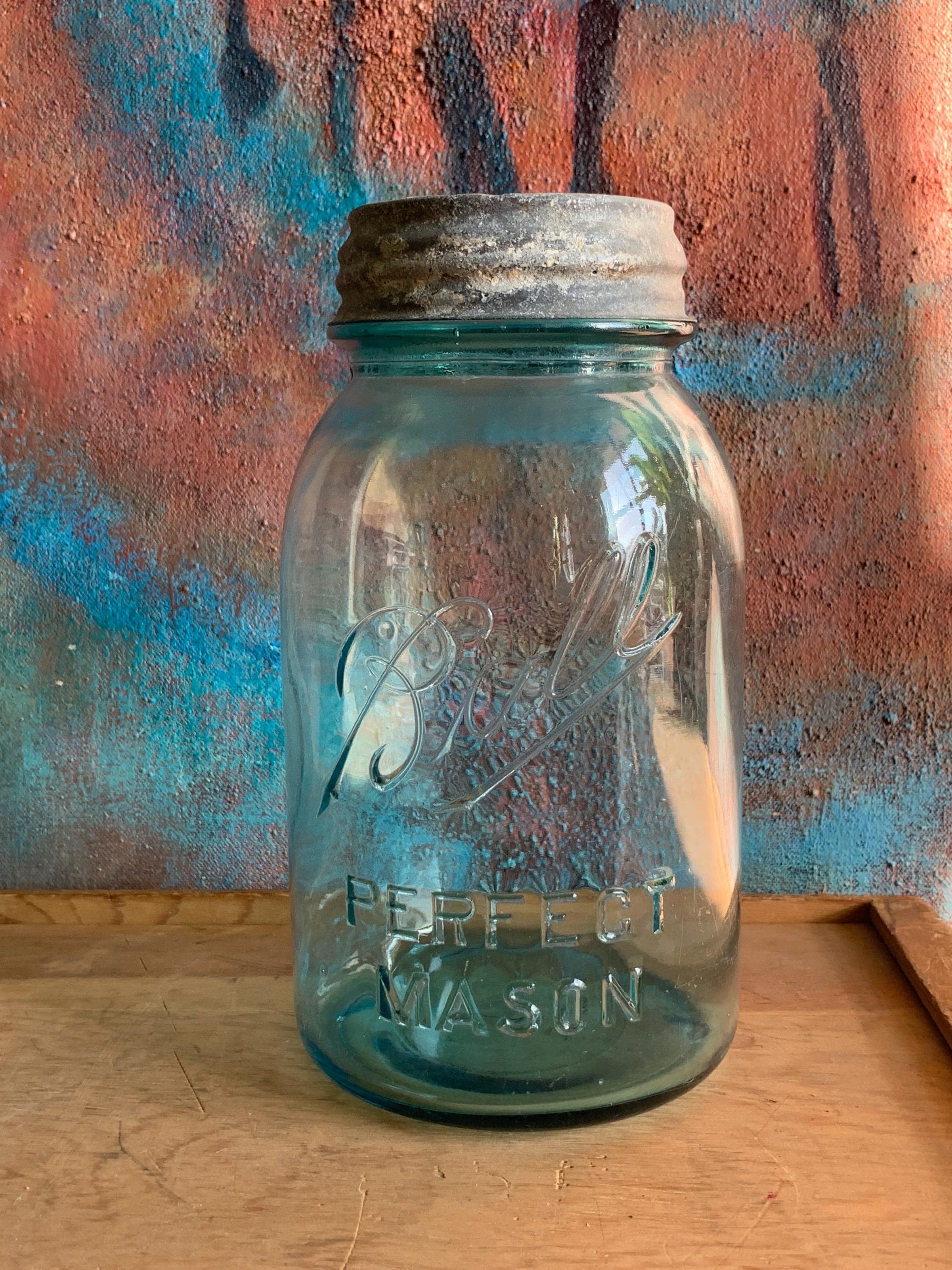 1910-1923 Ball Perfect Mason Jar No. 9, Blue Glass Canning Jar Lid
