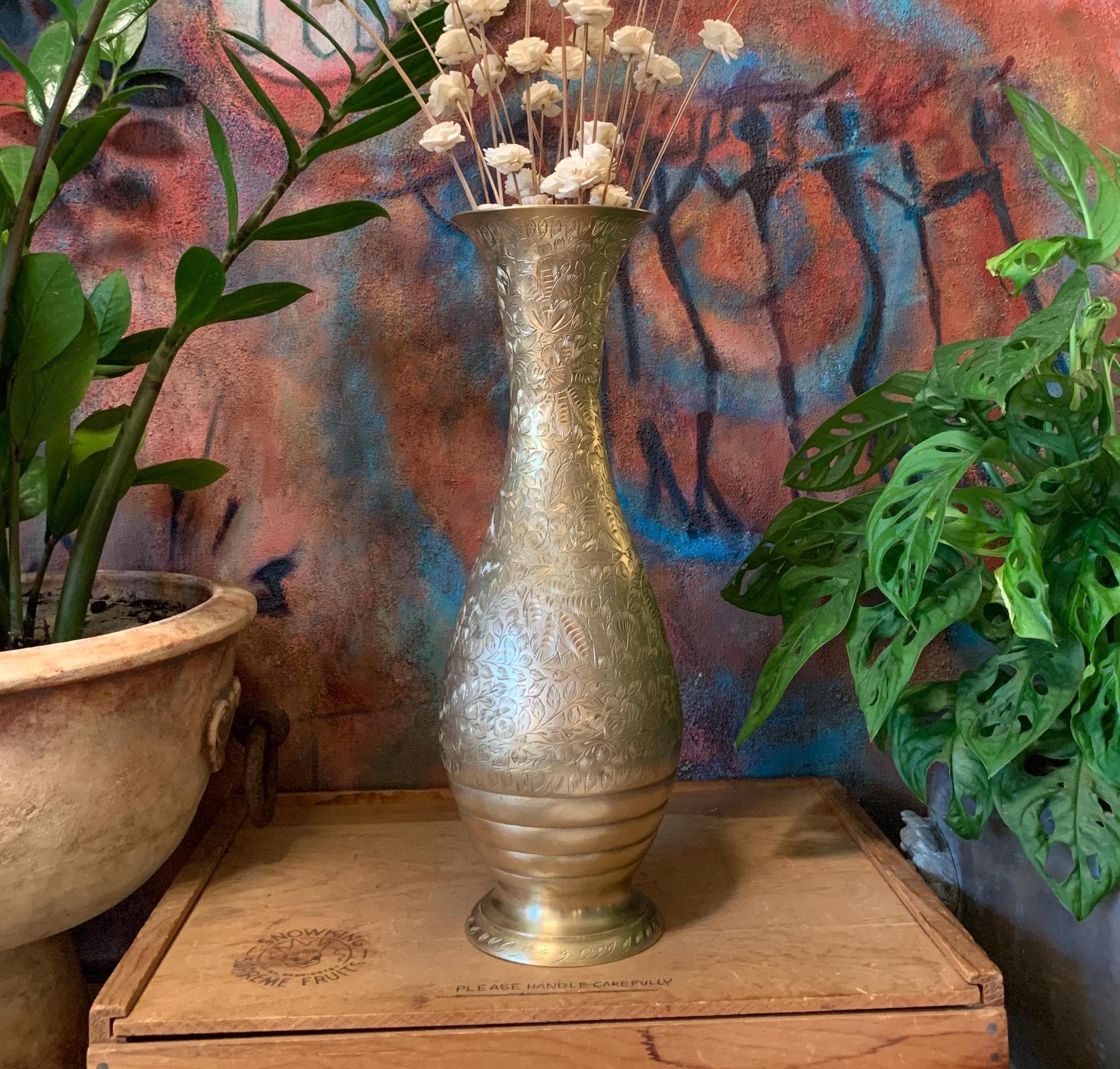 Vintage Large Etched Solid Brass Fluted Vase With Floral Design, Metal Home Decor, Made in India