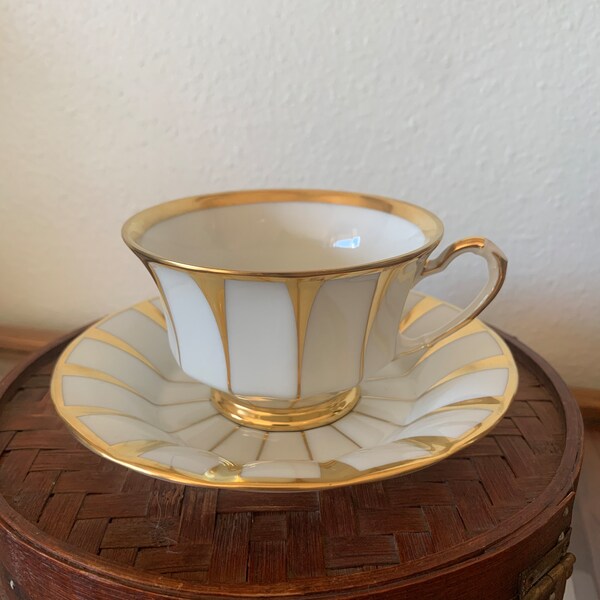 Furstenberg Vintage Porcelain Demitasse Tea Cup and Saucer, Grecque "Athena" Collection Gold Plated, Made in Germany est. 1920s